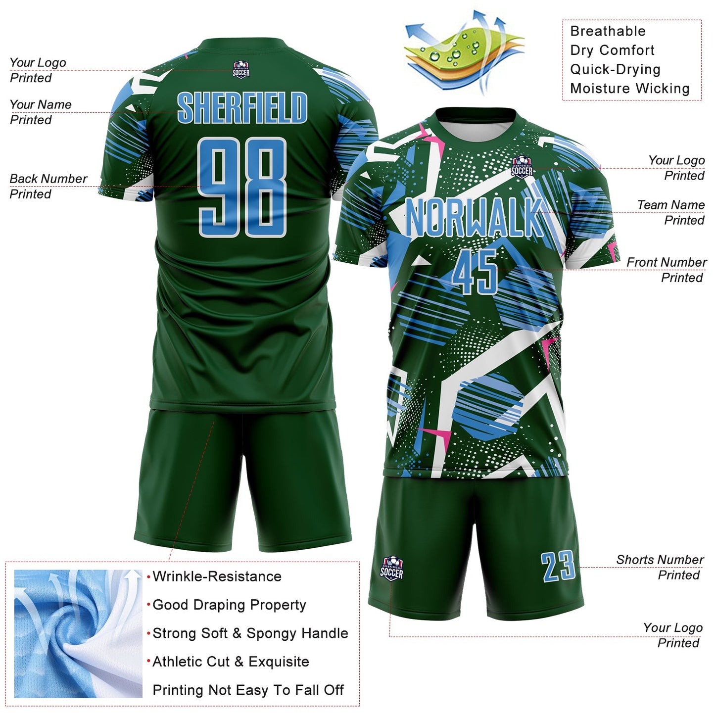 Custom Green Powder Blue Pink-White Geometric Asymmetry Shatter Sublimation Soccer Uniform Jersey view 4