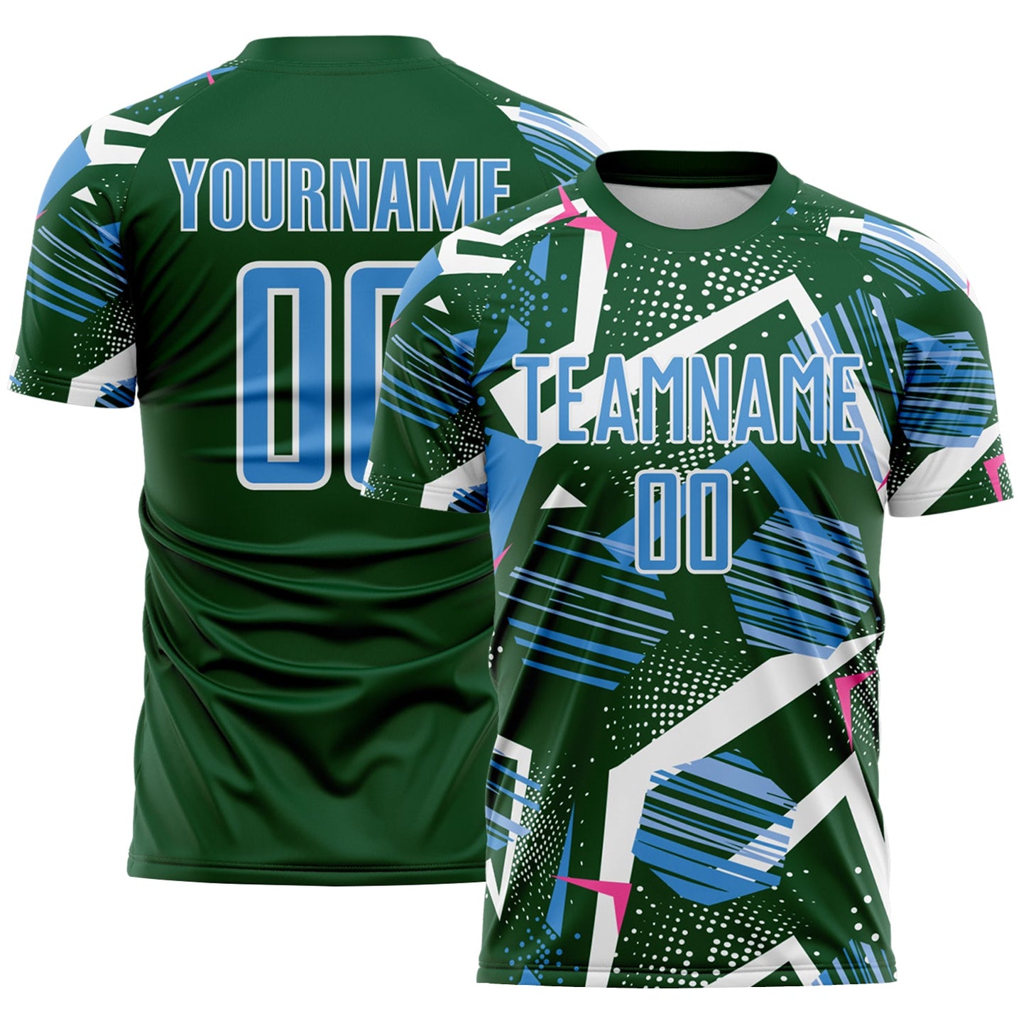 Custom Green Powder Blue Pink-White Geometric Asymmetry Shatter Sublimation Soccer Uniform Jersey - Main View