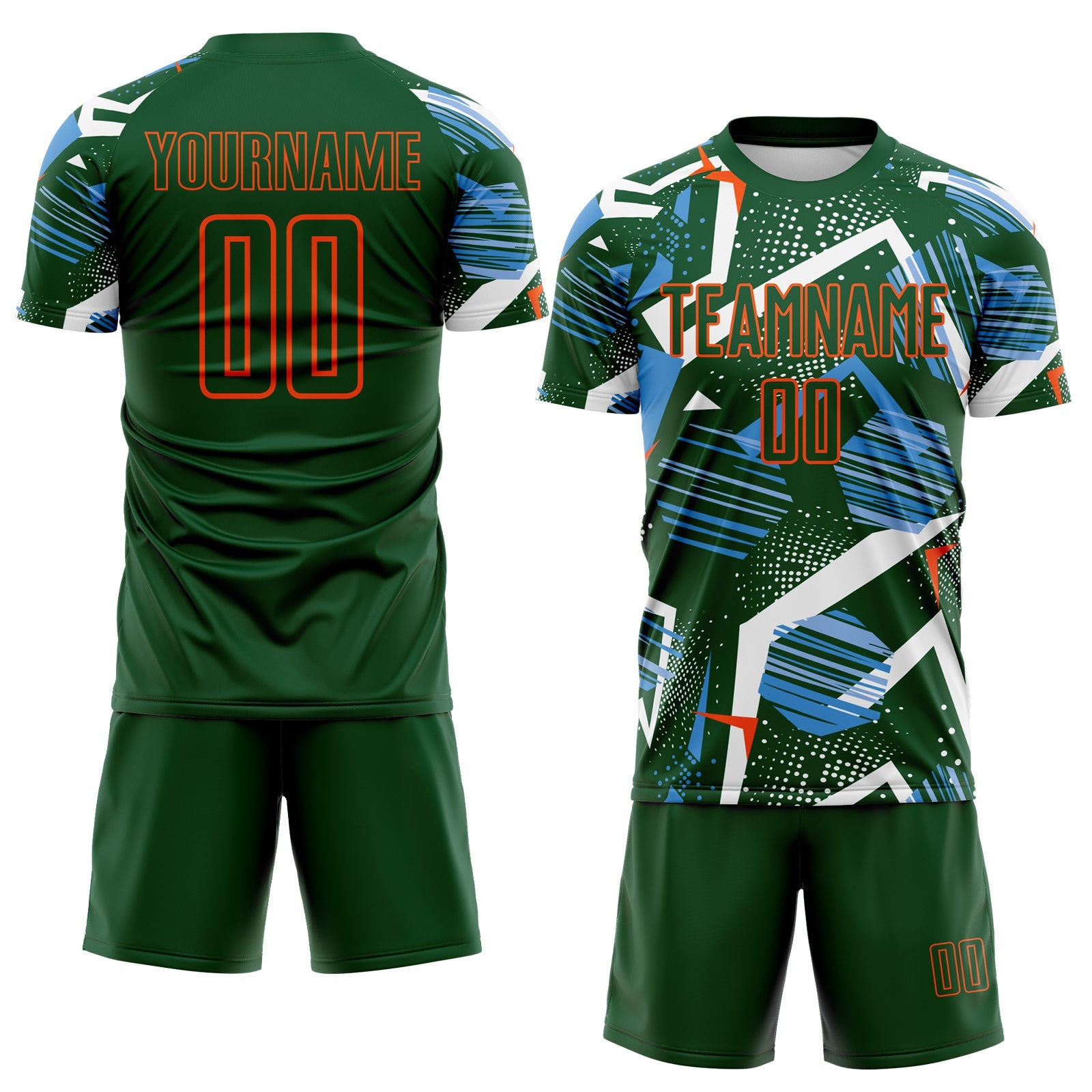 Custom Green Blue White-Orange Geometric Asymmetry Shatter Sublimation Soccer Uniform Jersey view 2