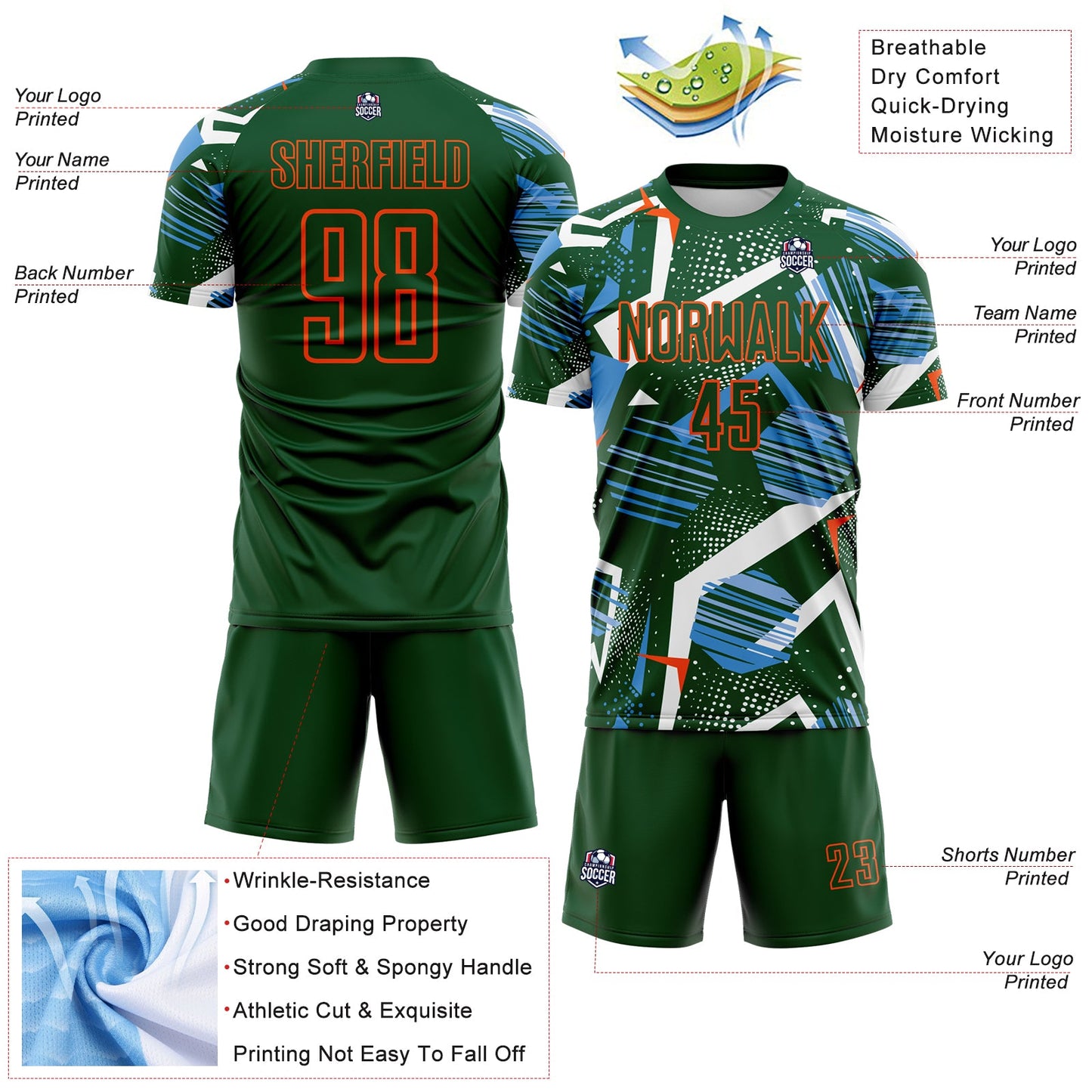 Custom Green Blue White-Orange Geometric Asymmetry Shatter Sublimation Soccer Uniform Jersey view 4