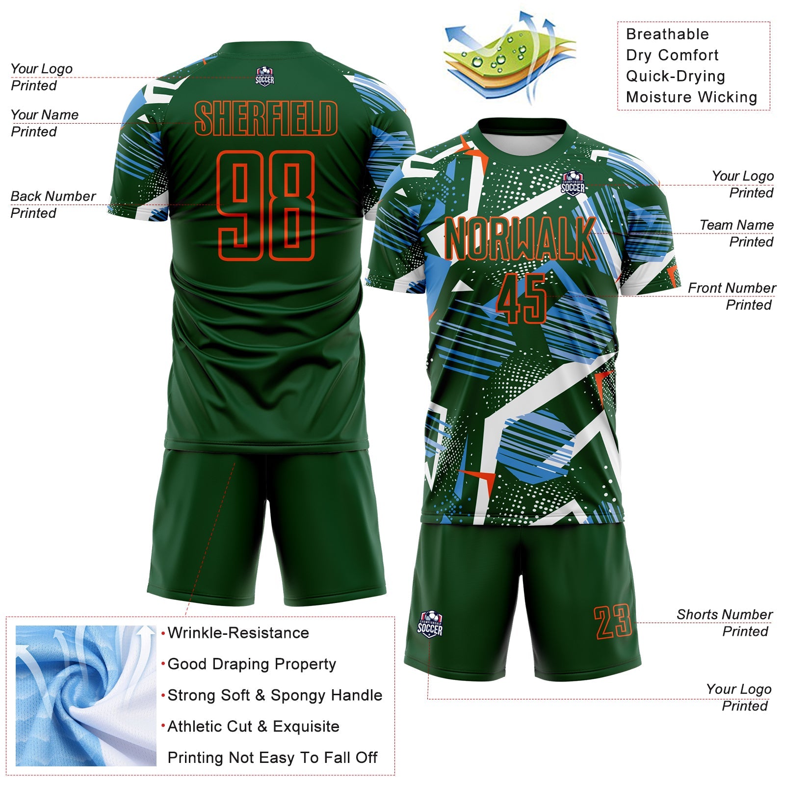 Custom Green Blue White-Orange Geometric Asymmetry Shatter Sublimation Soccer Uniform Jersey view 4