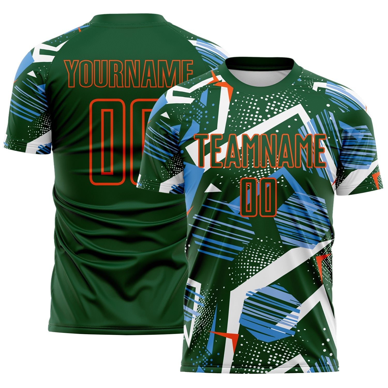 Custom Green Blue White-Orange Geometric Asymmetry Shatter Sublimation Soccer Uniform Jersey - Main View