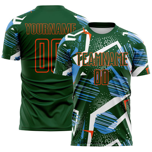 Custom Green Blue White-Orange Geometric Asymmetry Shatter Sublimation Soccer Uniform Jersey - Main View
