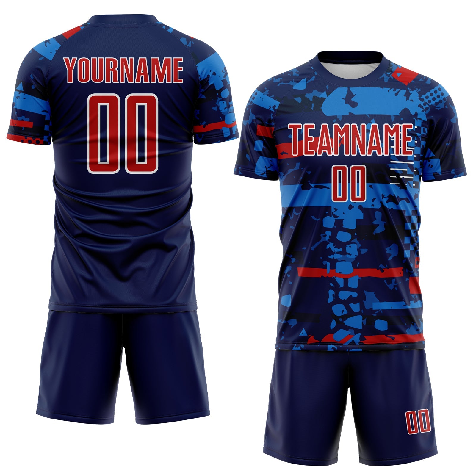 Custom Navy Red Blue-White Abstract Geometric Stripe Fragment Sublimation Soccer Uniform Jersey view 2