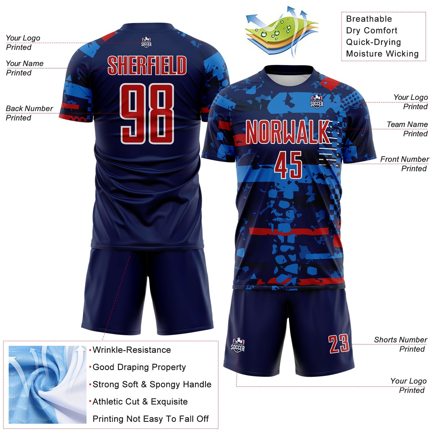 Custom Navy Red Blue-White Abstract Geometric Stripe Fragment Sublimation Soccer Uniform Jersey view 4