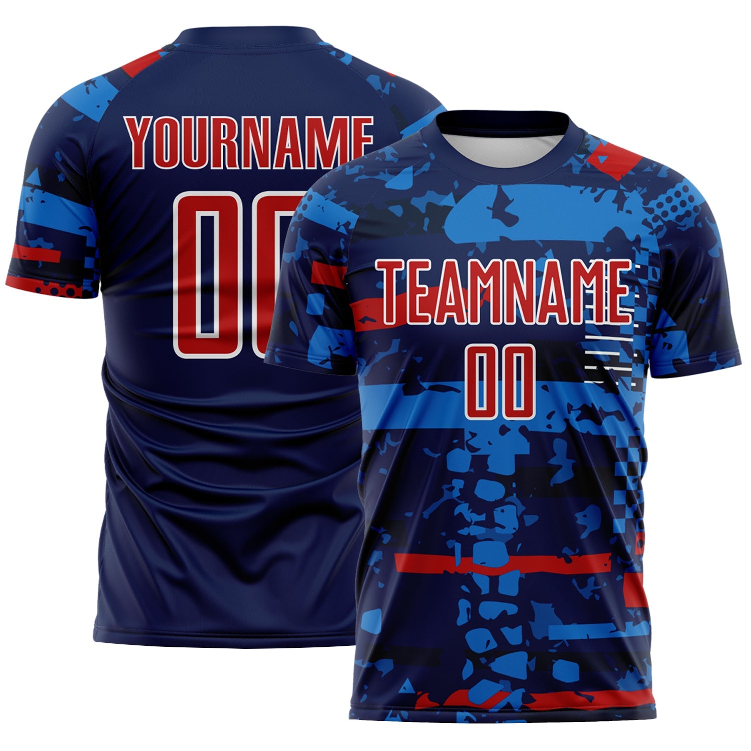 Custom Navy Red Blue-White Abstract Geometric Stripe Fragment Sublimation Soccer Uniform Jersey - Main View