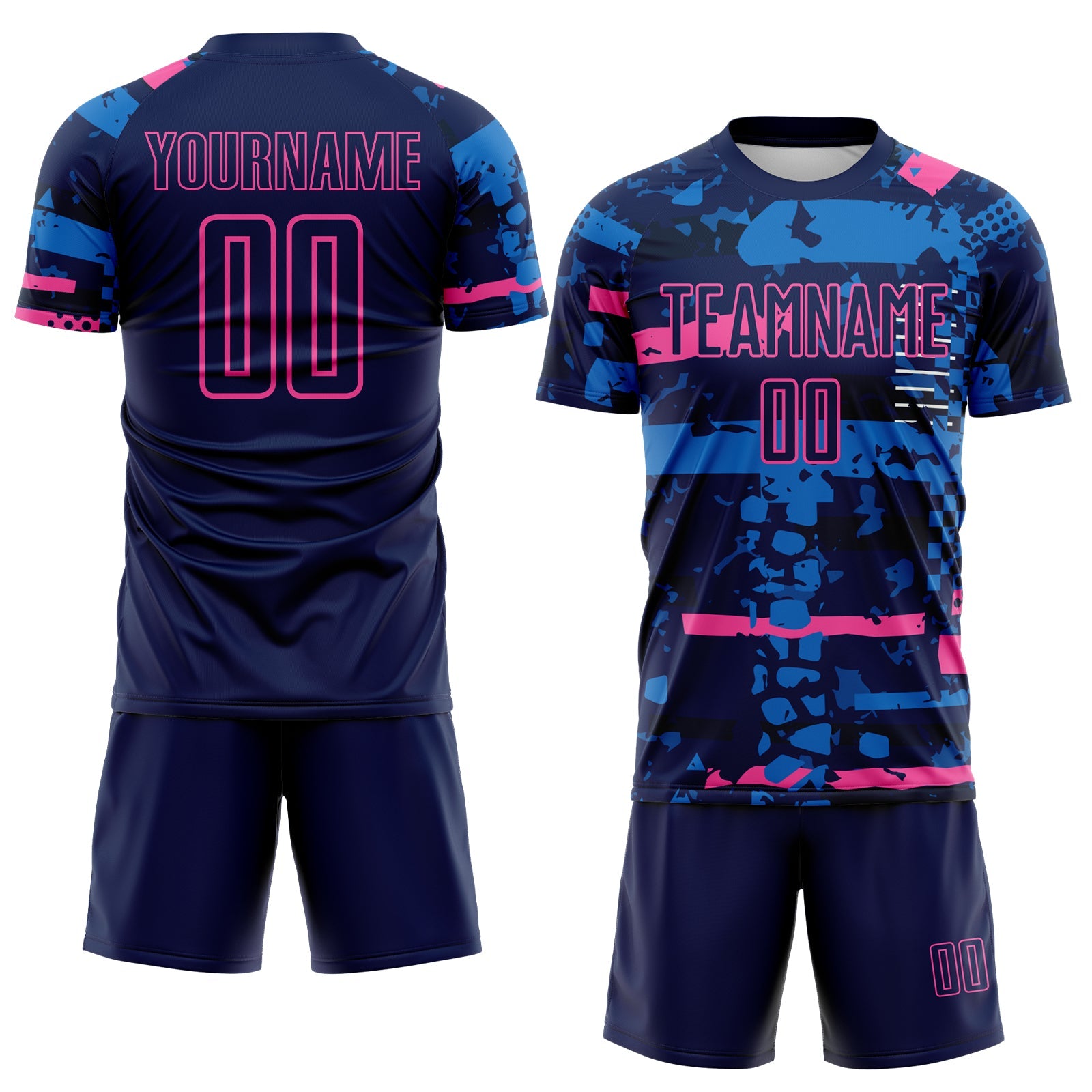 Custom Navy Pink-Blue Abstract Geometric Stripe Fragment Sublimation Soccer Uniform Jersey view 2