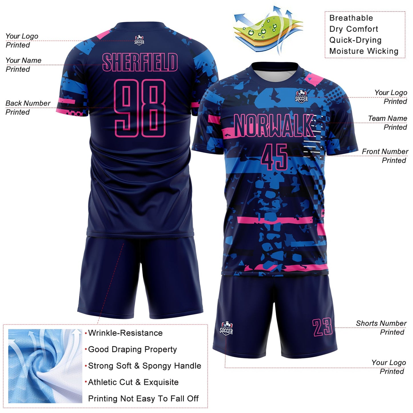 Custom Navy Pink-Blue Abstract Geometric Stripe Fragment Sublimation Soccer Uniform Jersey view 4