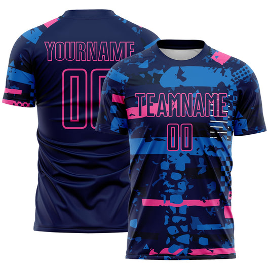 Custom Navy Pink-Blue Abstract Geometric Stripe Fragment Sublimation Soccer Uniform Jersey - Main View