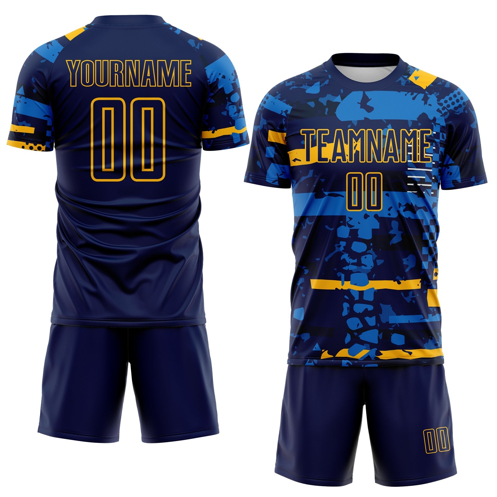 Custom Navy Gold-Blue Abstract Geometric Stripe Fragment Sublimation Soccer Uniform Jersey view 2