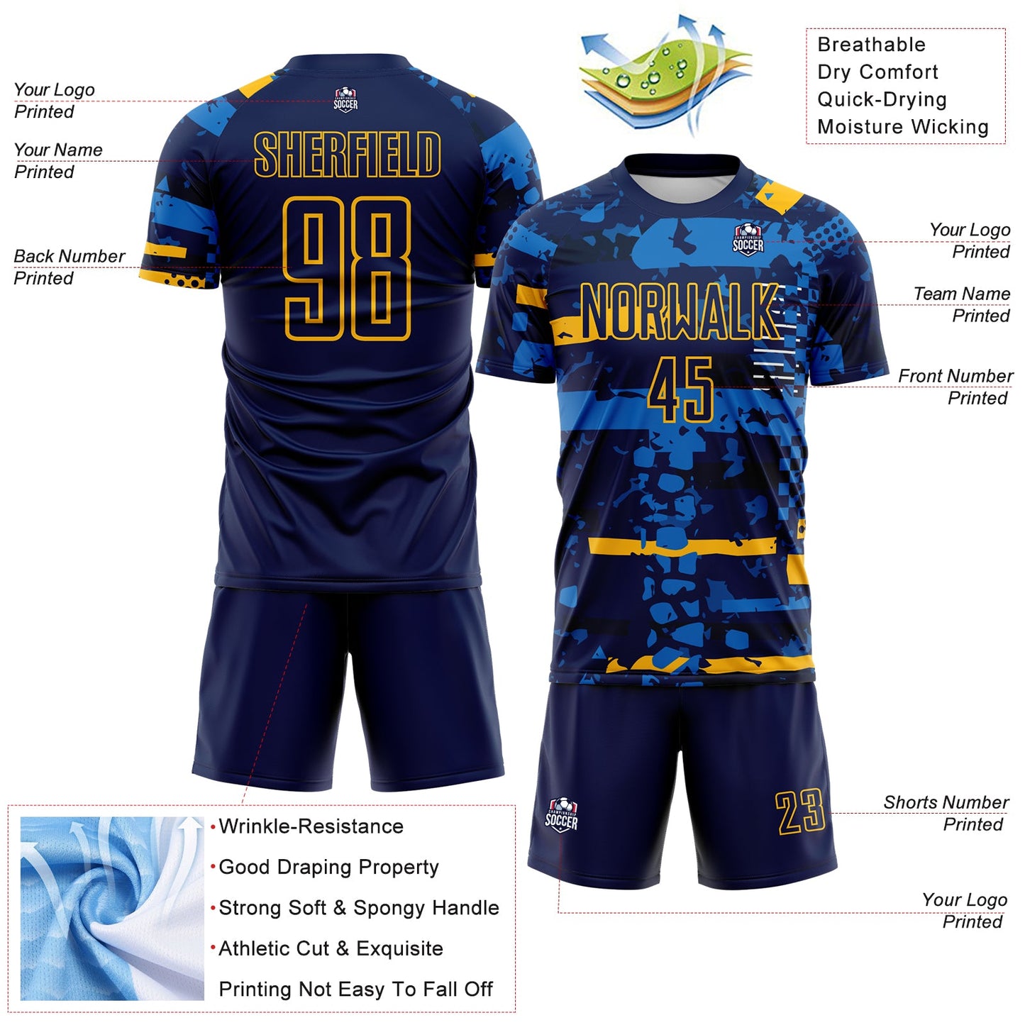 Custom Navy Gold-Blue Abstract Geometric Stripe Fragment Sublimation Soccer Uniform Jersey view 4