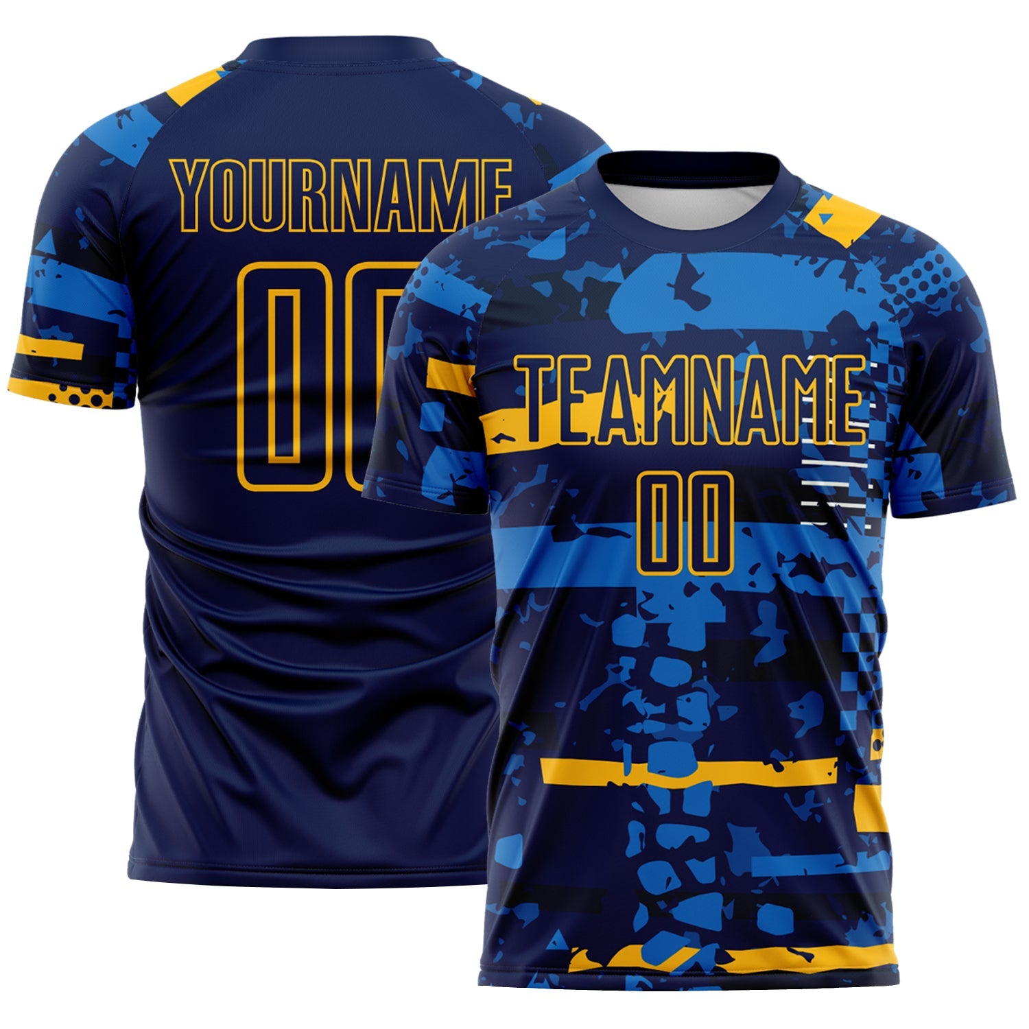 Custom Navy Gold-Blue Abstract Geometric Stripe Fragment Sublimation Soccer Uniform Jersey - Main View