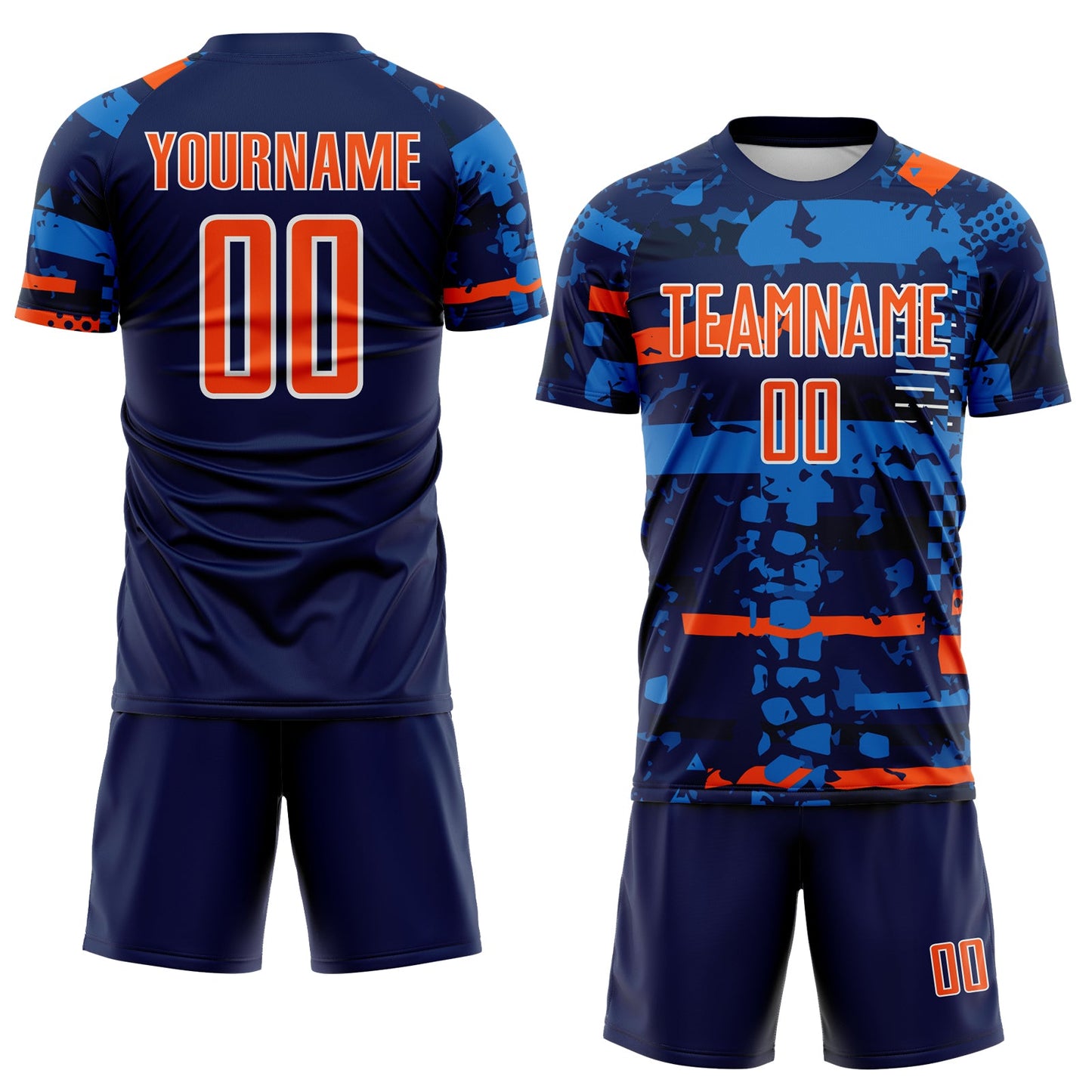 Custom Navy Orange Blue-White Abstract Geometric Stripe Fragment Sublimation Soccer Uniform Jersey view 2
