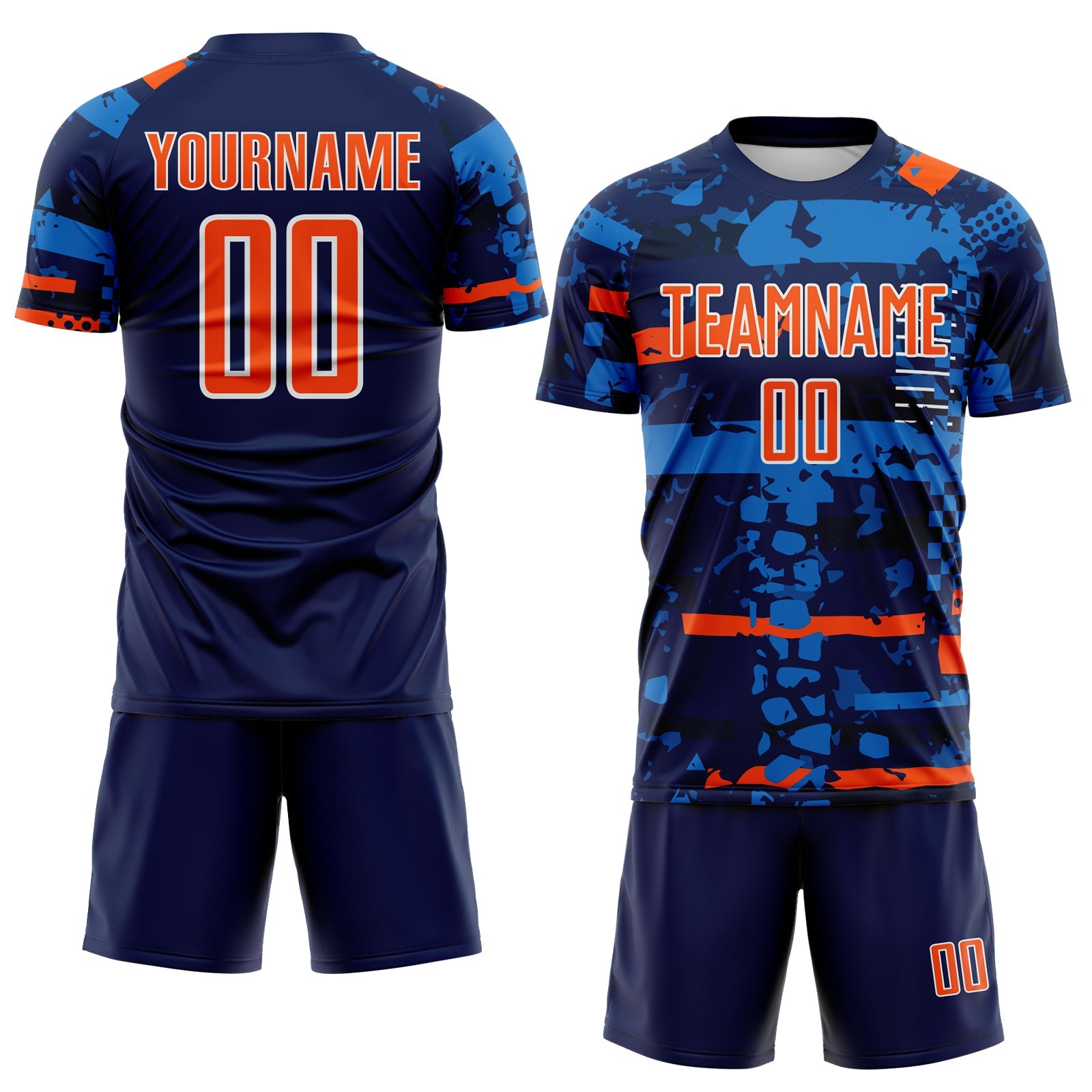 Custom Navy Orange Blue-White Abstract Geometric Stripe Fragment Sublimation Soccer Uniform Jersey view 2