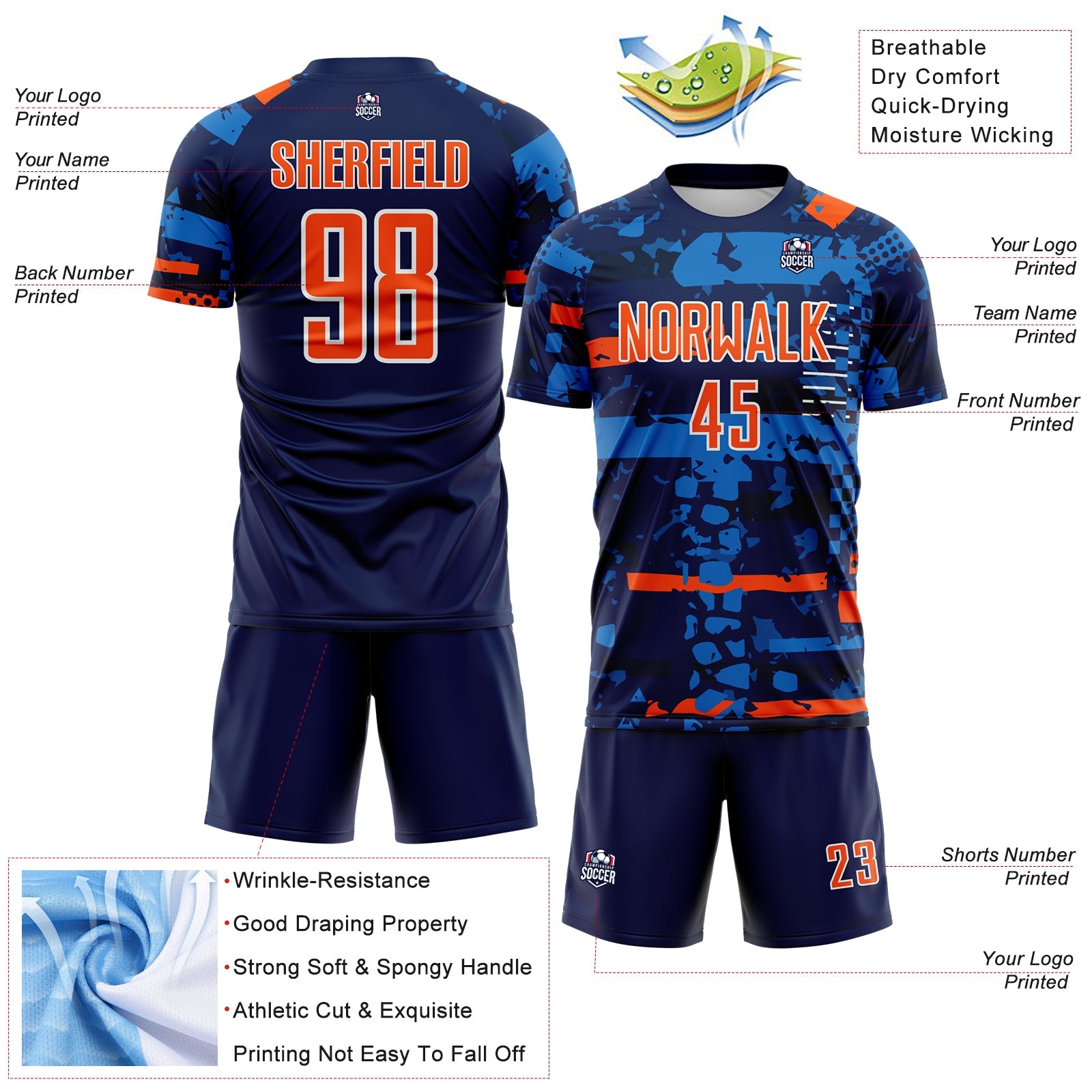 Custom Navy Orange Blue-White Abstract Geometric Stripe Fragment Sublimation Soccer Uniform Jersey view 4