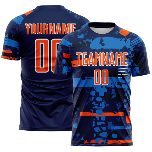 Custom Navy Orange Blue-White Abstract Geometric Stripe Fragment Sublimation Soccer Uniform Jersey - Main View
