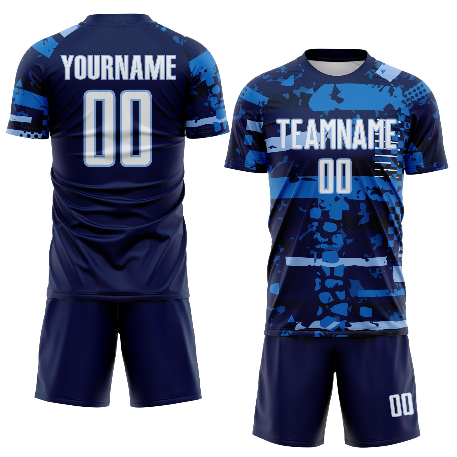 Custom Navy White Light Blue-Blue Abstract Geometric Stripe Fragment Sublimation Soccer Uniform Jersey view 2