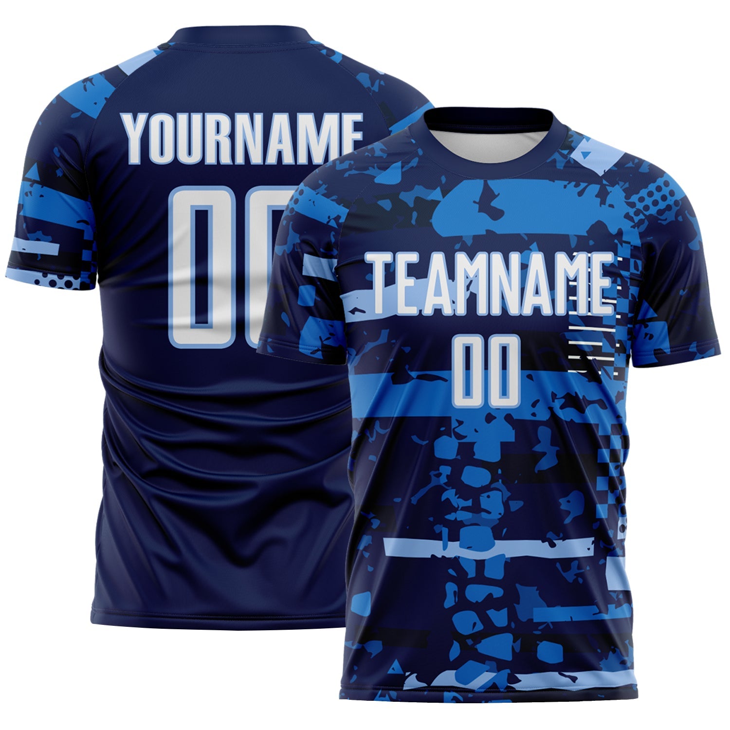 Custom Navy White Light Blue-Blue Abstract Geometric Stripe Fragment Sublimation Soccer Uniform Jersey - Main View