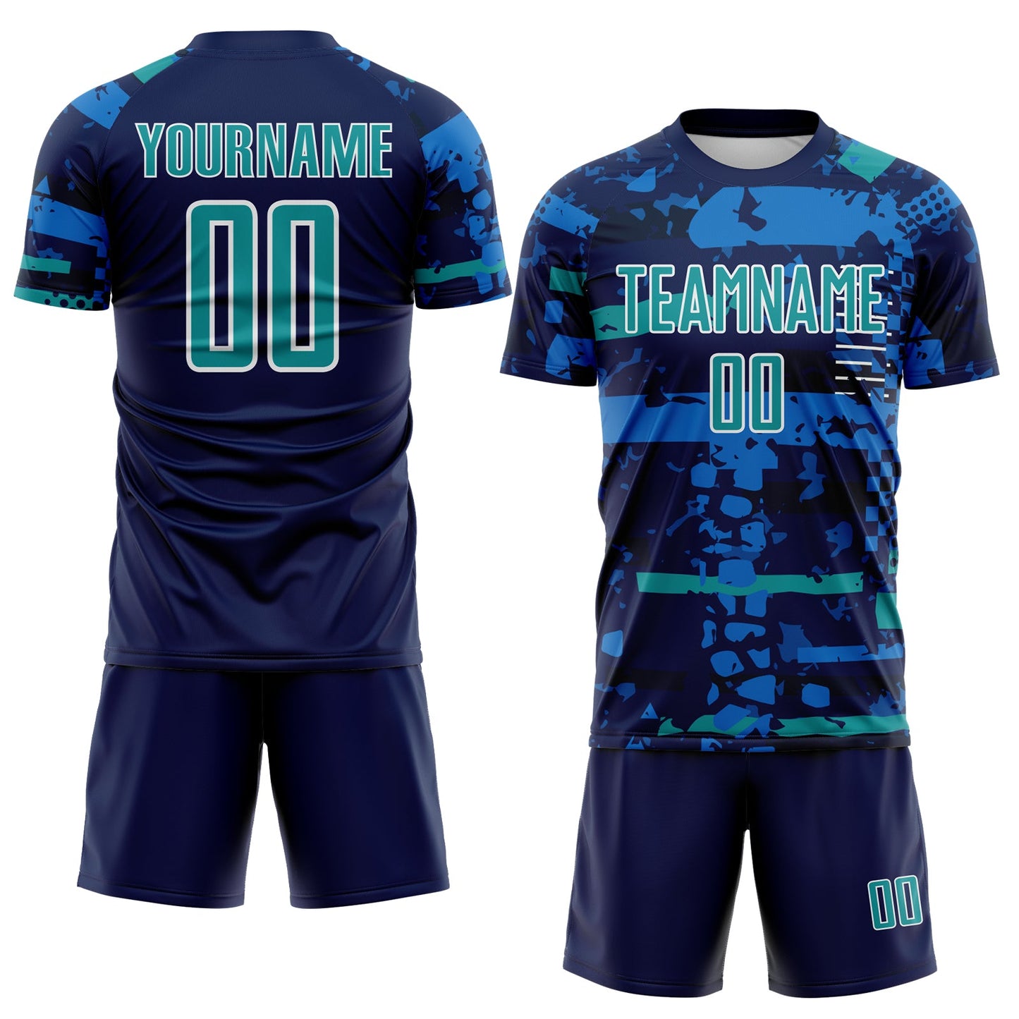 Custom Navy Teal Blue-White Abstract Geometric Stripe Fragment Sublimation Soccer Uniform Jersey view 2