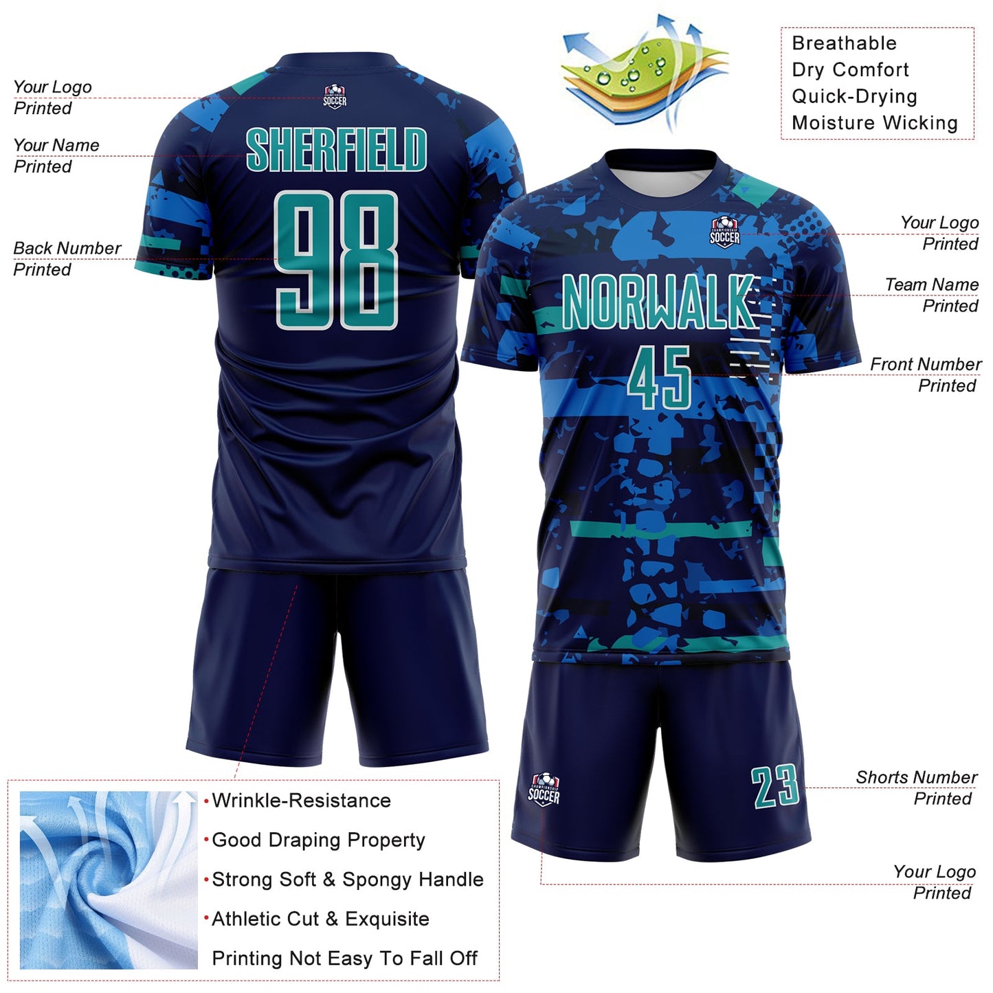 Custom Navy Teal Blue-White Abstract Geometric Stripe Fragment Sublimation Soccer Uniform Jersey view 4