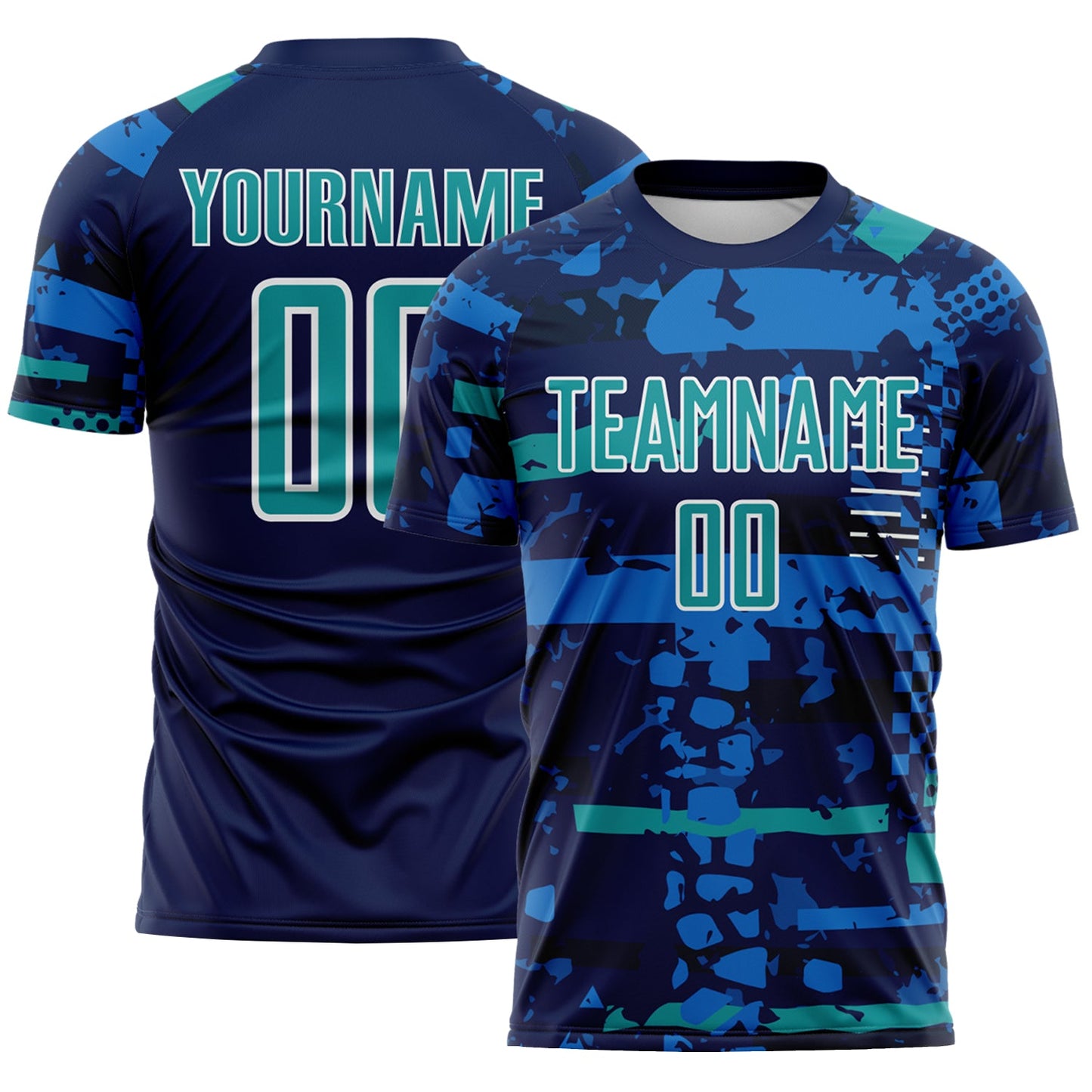 Custom Navy Teal Blue-White Abstract Geometric Stripe Fragment Sublimation Soccer Uniform Jersey - Main View