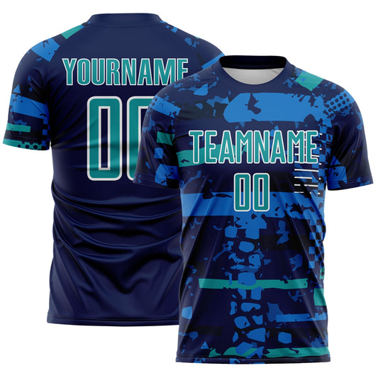 Custom Navy Teal Blue-White Abstract Geometric Stripe Fragment Sublimation Soccer Uniform Jersey - Main View