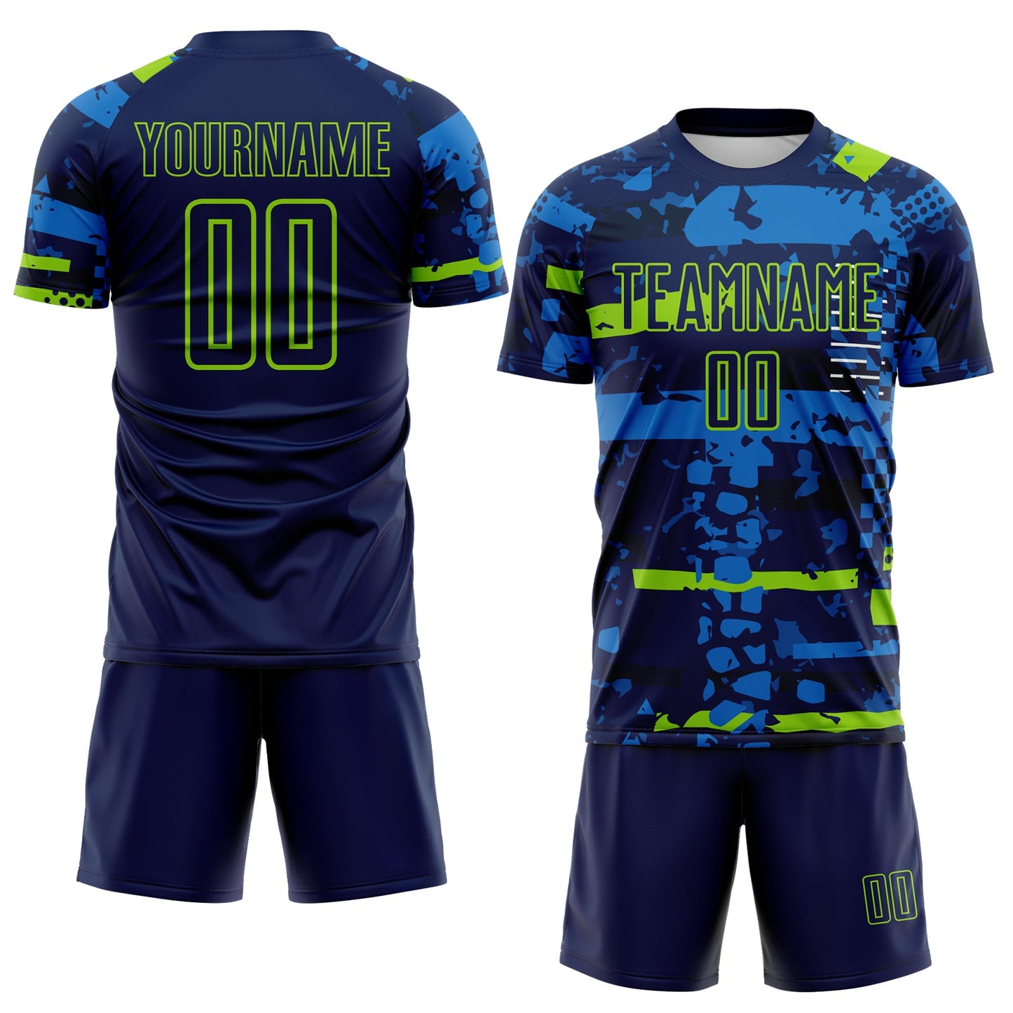 Custom Navy Neon Green-Blue Abstract Geometric Stripe Fragment Sublimation Soccer Uniform Jersey view 2