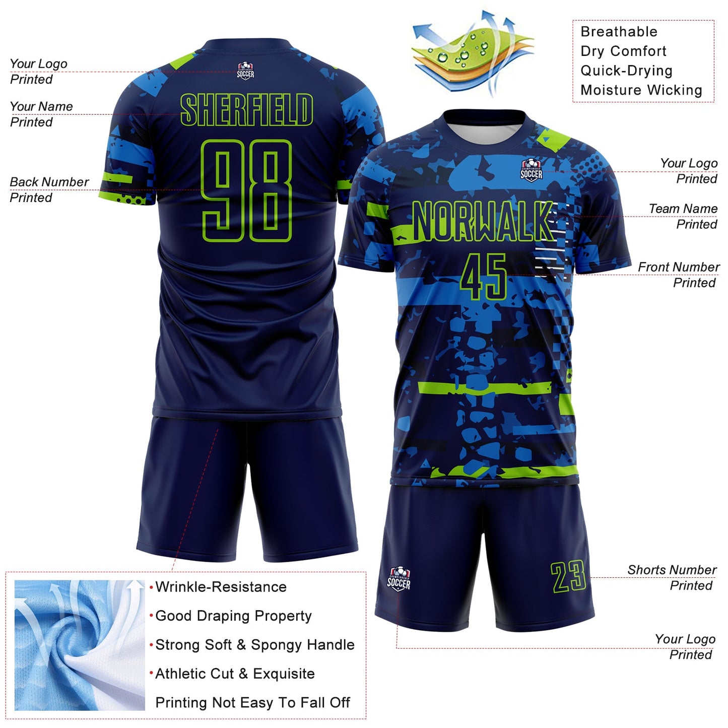Custom Navy Neon Green-Blue Abstract Geometric Stripe Fragment Sublimation Soccer Uniform Jersey view 4