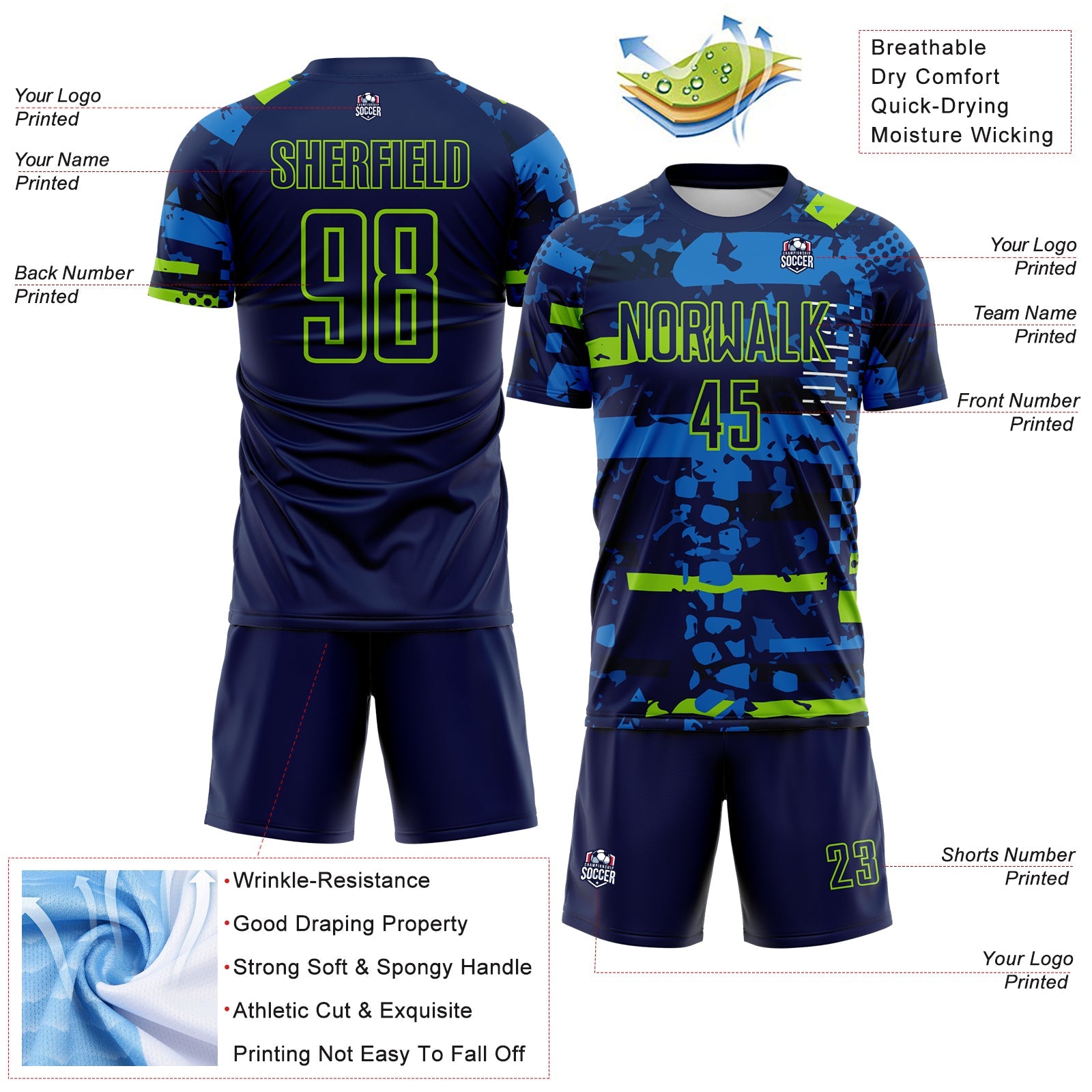 Custom Navy Neon Green-Blue Abstract Geometric Stripe Fragment Sublimation Soccer Uniform Jersey view 4