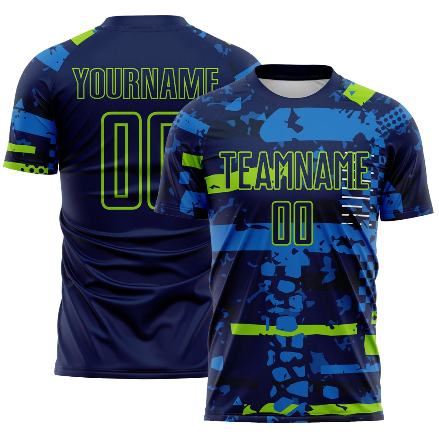 Custom Navy Neon Green-Blue Abstract Geometric Stripe Fragment Sublimation Soccer Uniform Jersey - Main View
