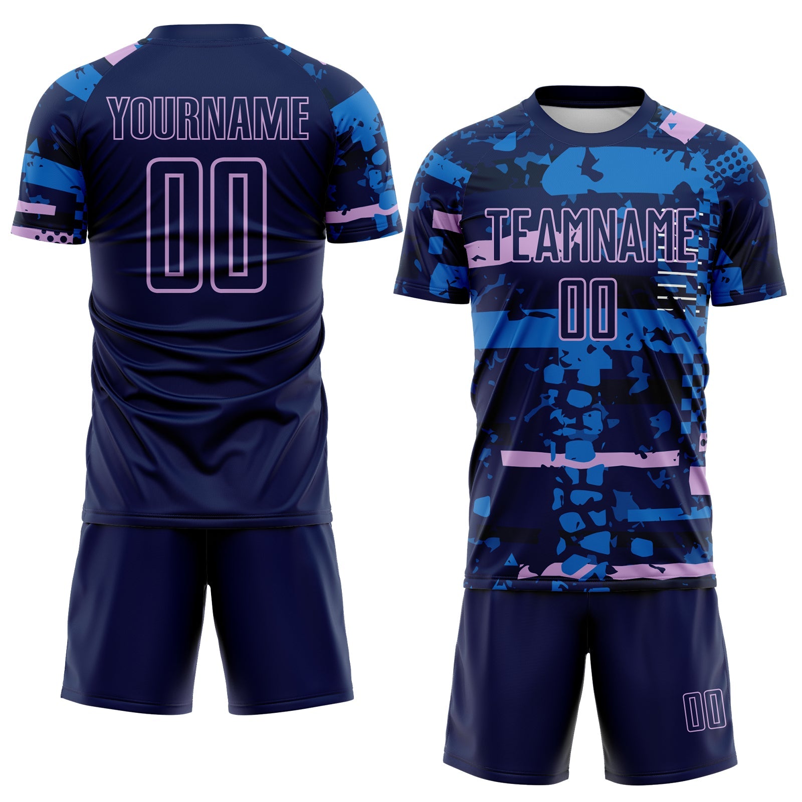 Custom Navy Light Purple-Blue Abstract Geometric Stripe Fragment Sublimation Soccer Uniform Jersey view 2