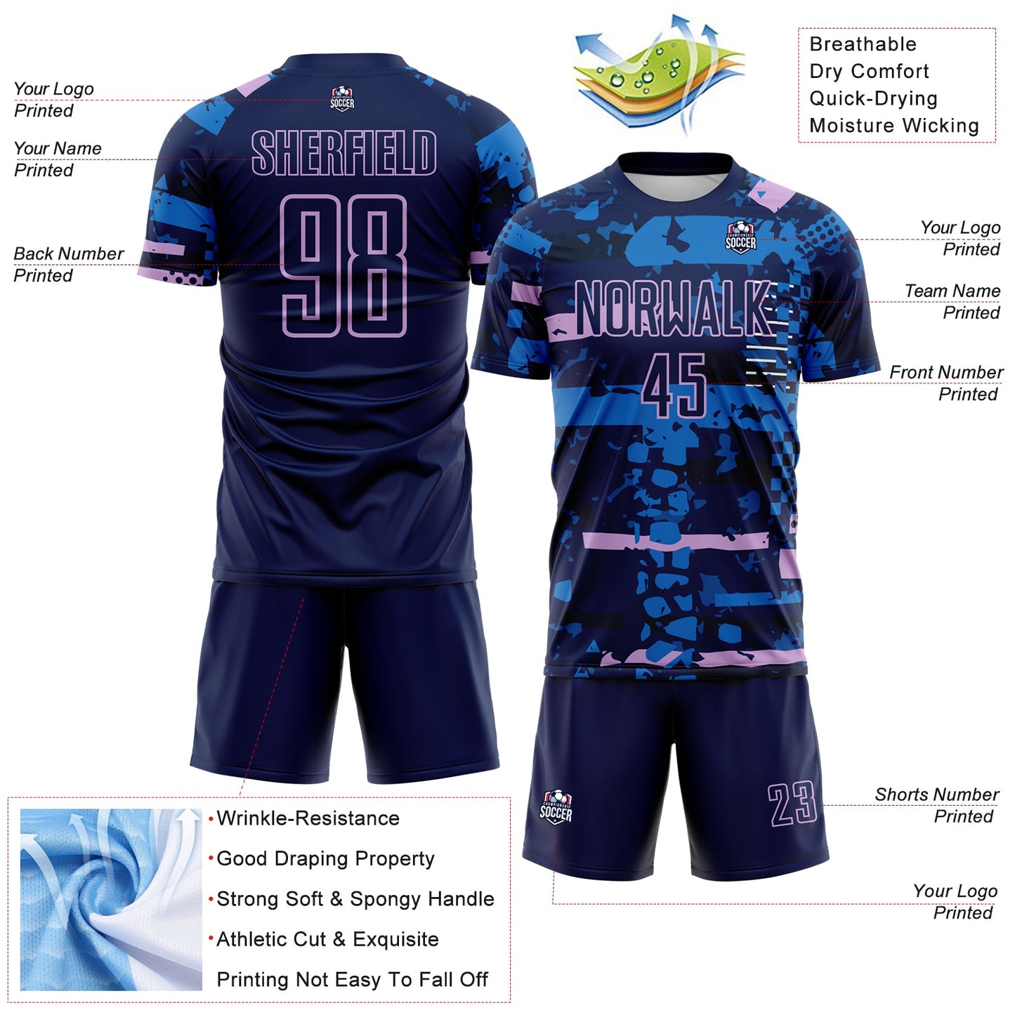 Custom Navy Light Purple-Blue Abstract Geometric Stripe Fragment Sublimation Soccer Uniform Jersey view 4