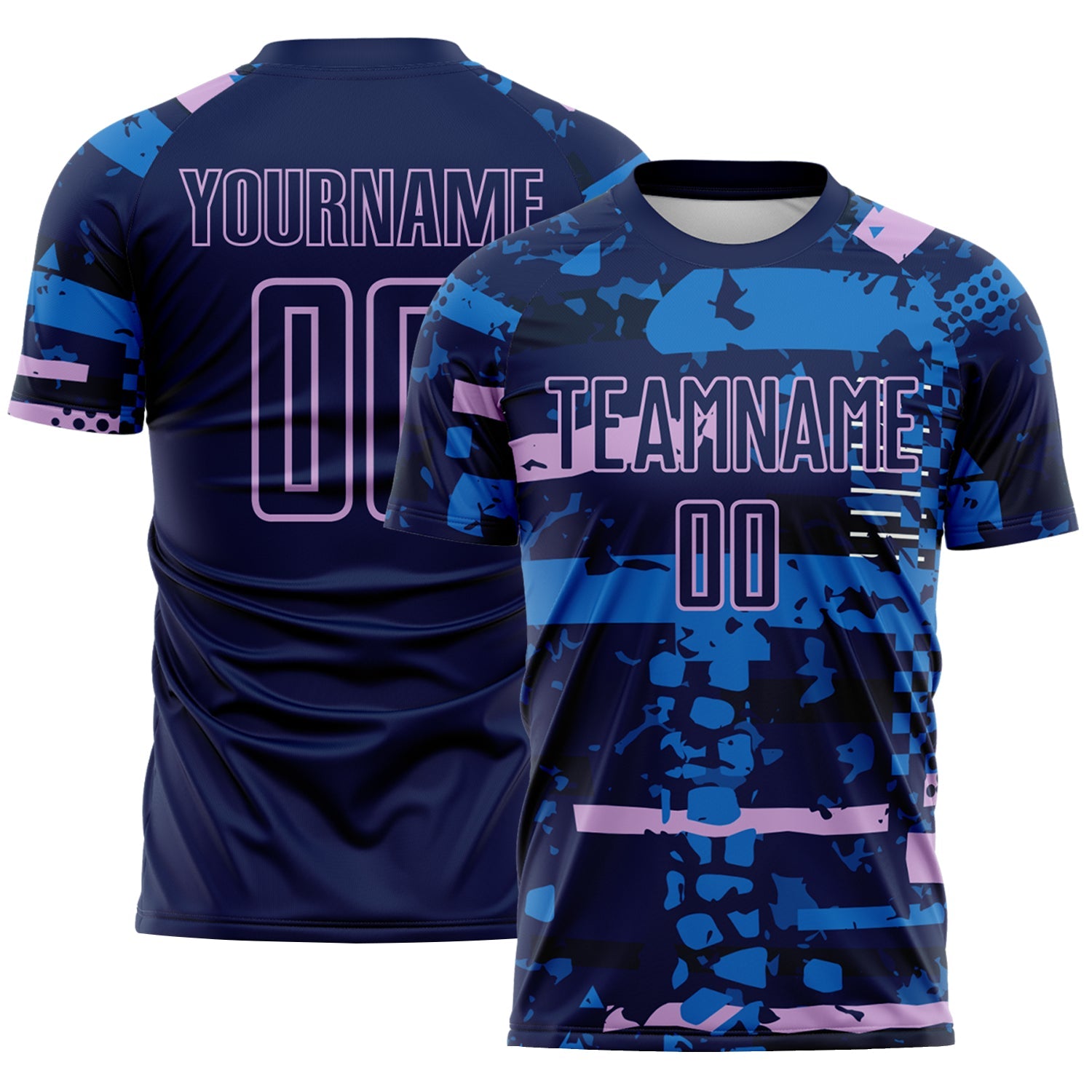 Custom Navy Light Purple-Blue Abstract Geometric Stripe Fragment Sublimation Soccer Uniform Jersey - Main View