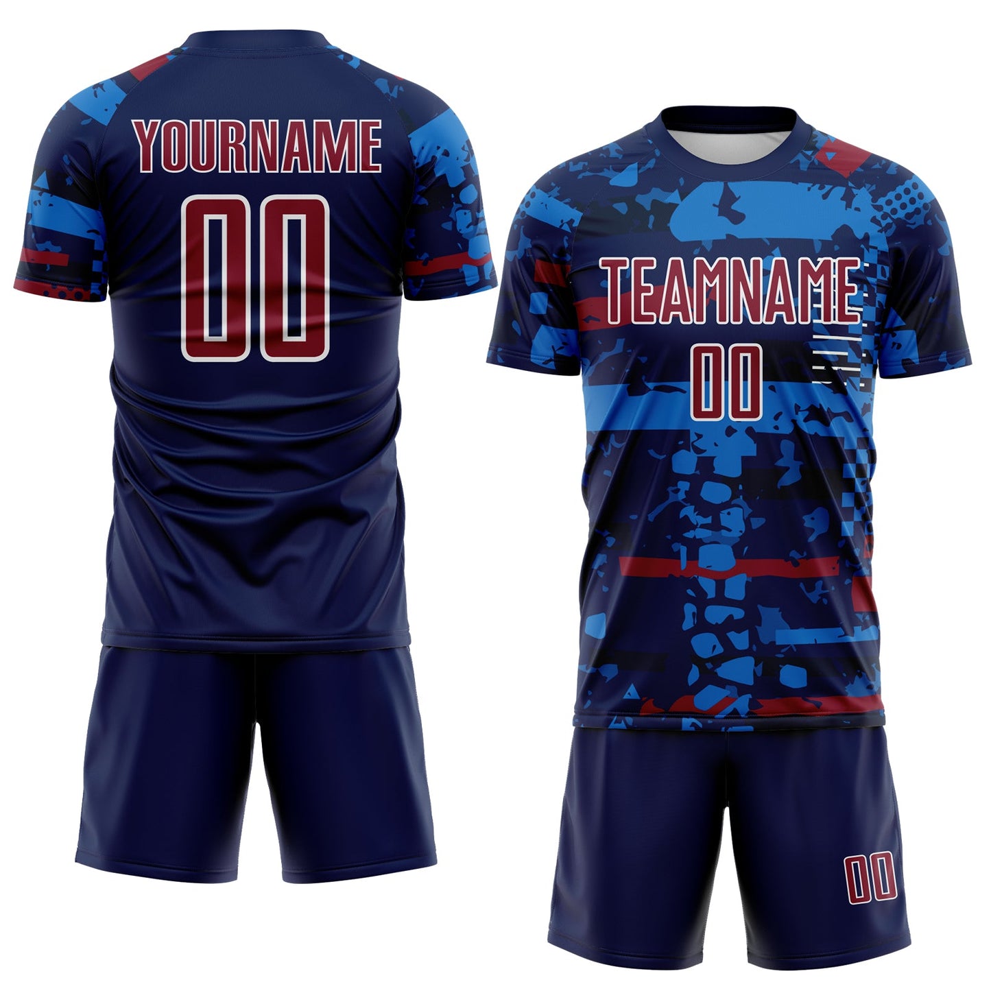 Custom Navy Crimson Blue-White Abstract Geometric Stripe Fragment Sublimation Soccer Uniform Jersey view 2