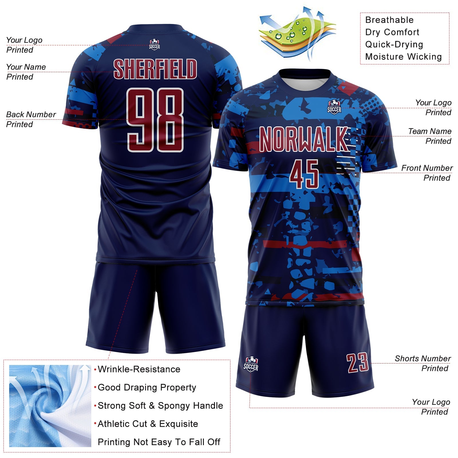Custom Navy Crimson Blue-White Abstract Geometric Stripe Fragment Sublimation Soccer Uniform Jersey view 4