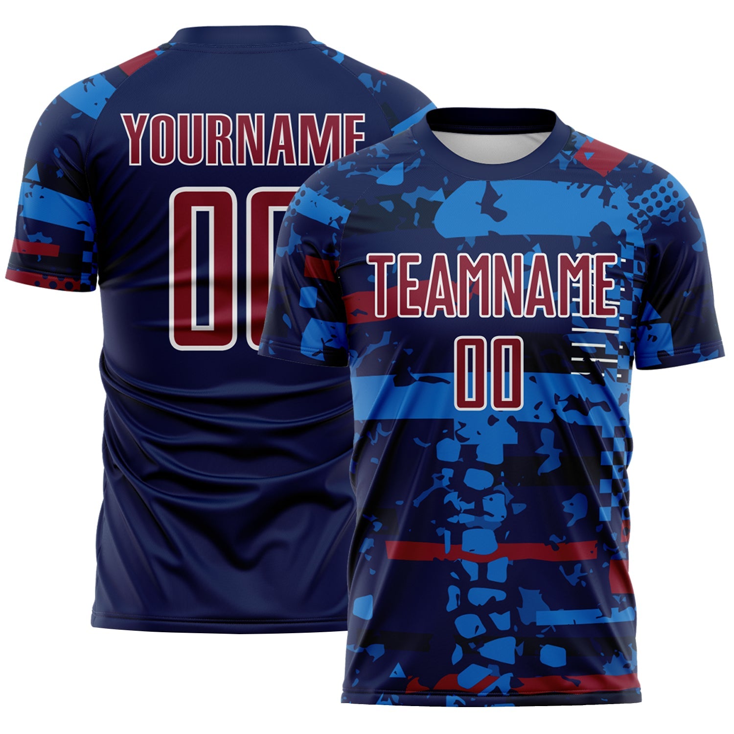 Custom Navy Crimson Blue-White Abstract Geometric Stripe Fragment Sublimation Soccer Uniform Jersey - Main View