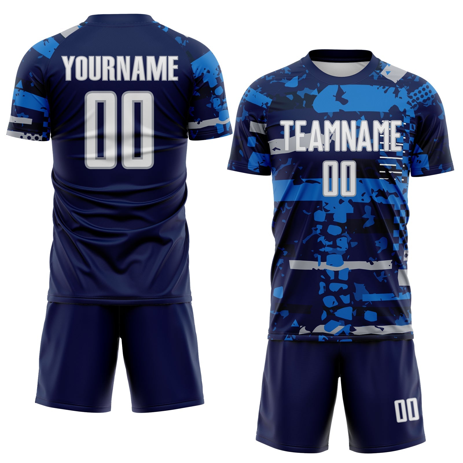 Custom Navy White Gray-Blue Abstract Geometric Stripe Fragment Sublimation Soccer Uniform Jersey view 2