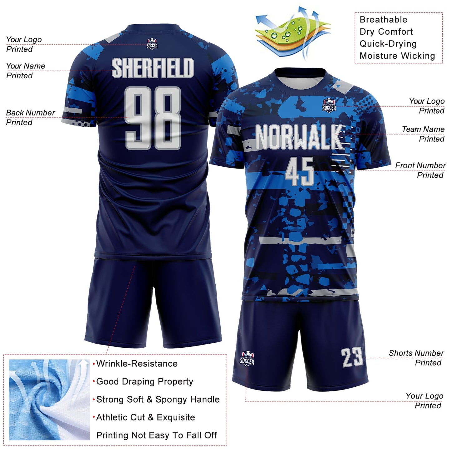 Custom Navy White Gray-Blue Abstract Geometric Stripe Fragment Sublimation Soccer Uniform Jersey view 4