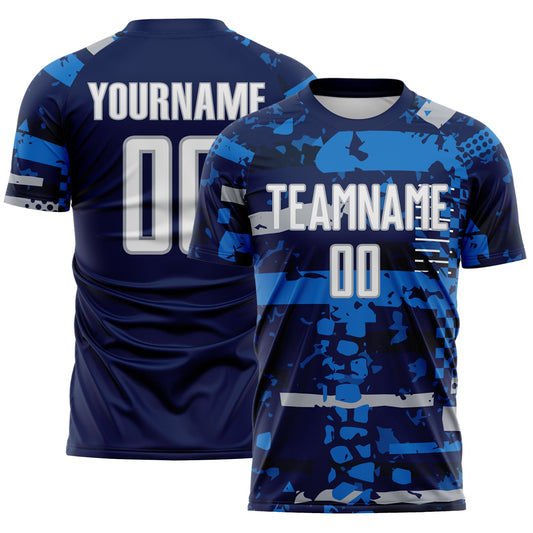 Custom Navy White Gray-Blue Abstract Geometric Stripe Fragment Sublimation Soccer Uniform Jersey - Main View