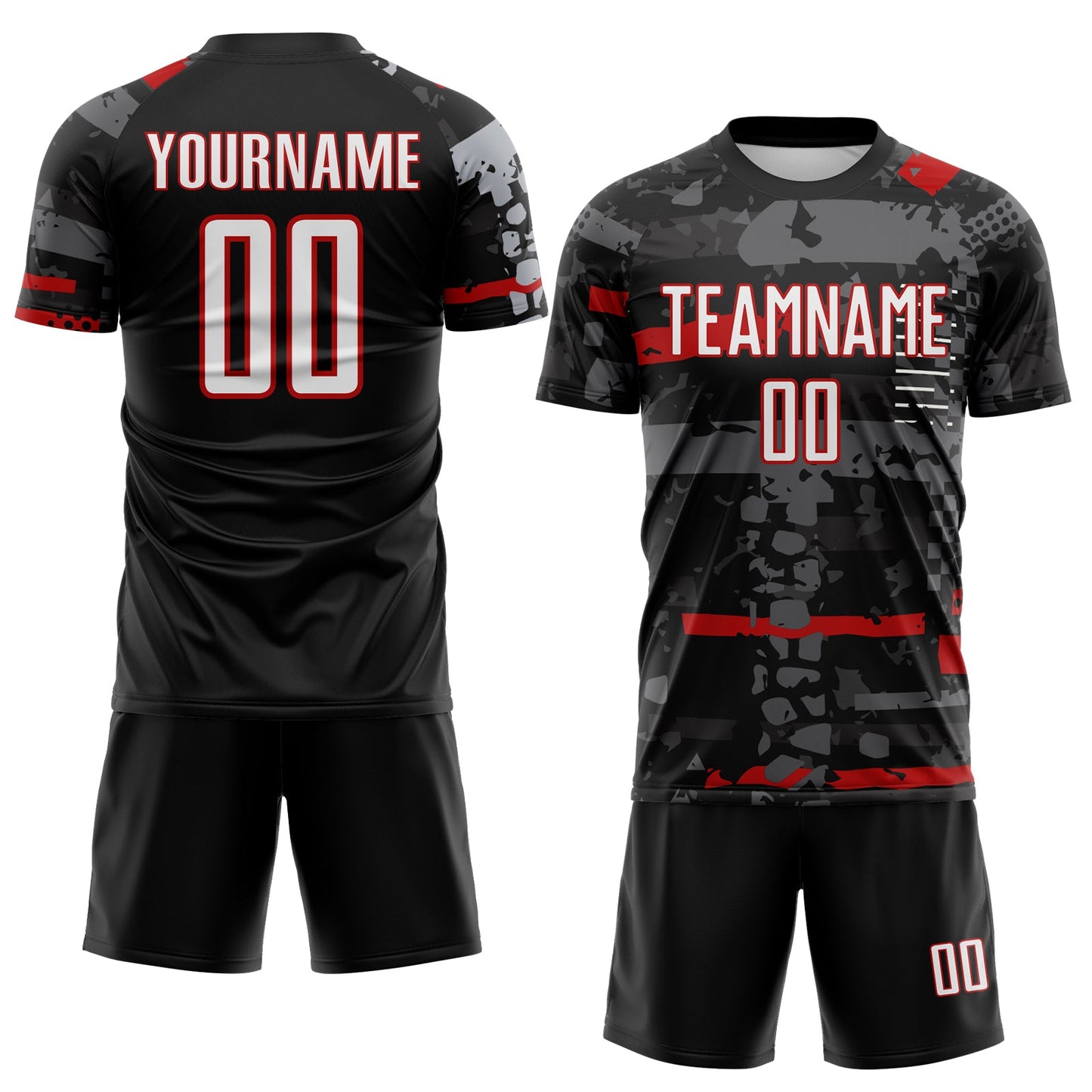 Custom Black White Red-Gray Abstract Geometric Stripe Fragment Sublimation Soccer Uniform Jersey view 2