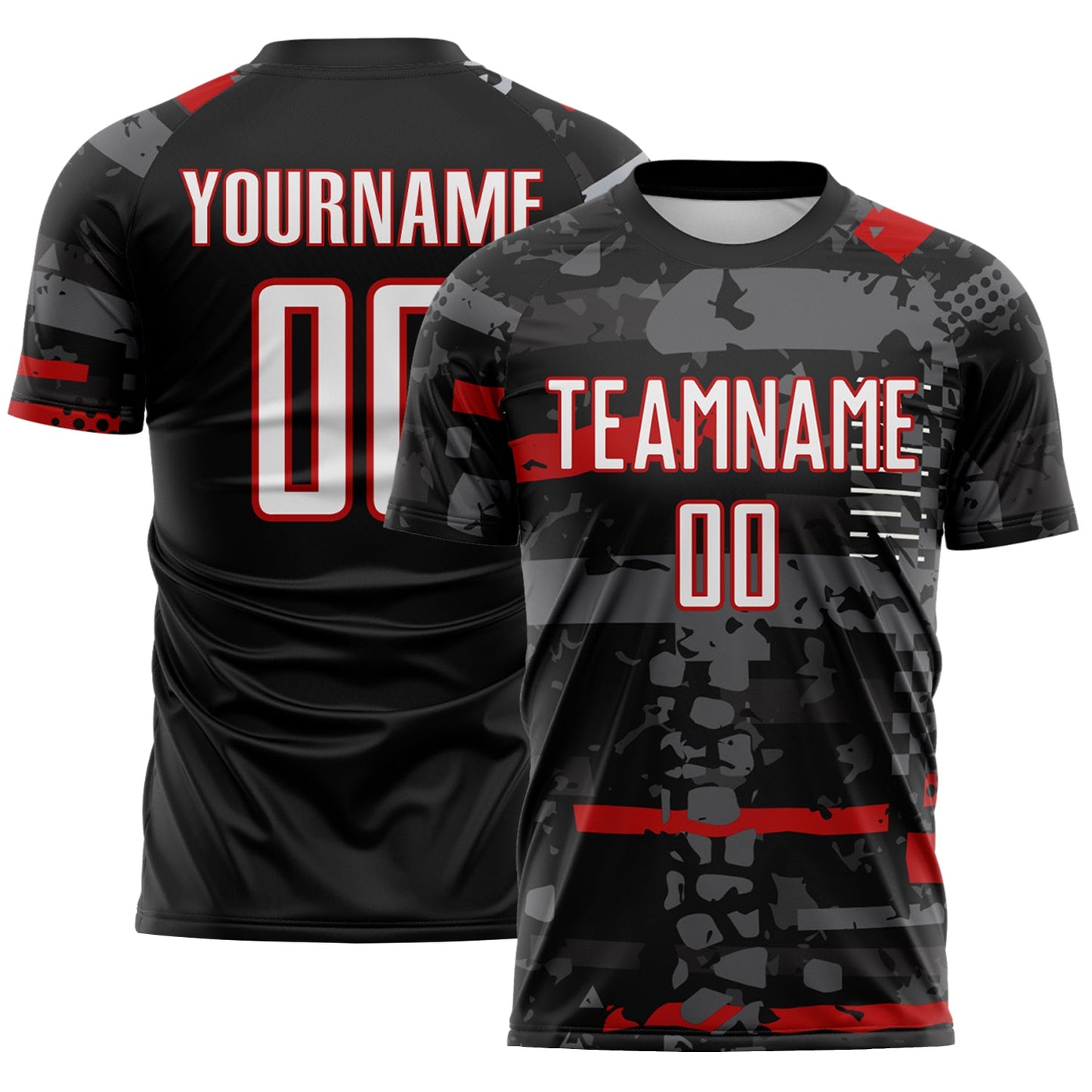 Custom Black White Red-Gray Abstract Geometric Stripe Fragment Sublimation Soccer Uniform Jersey - Main View