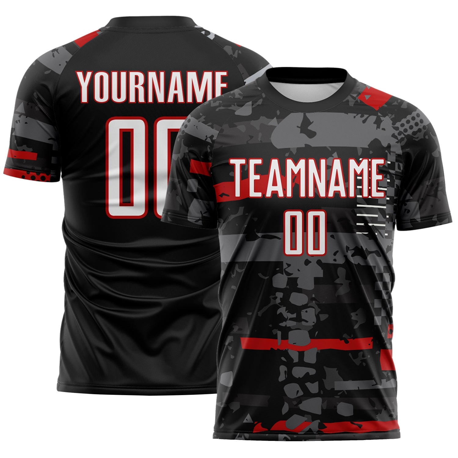 Custom Black White Red-Gray Abstract Geometric Stripe Fragment Sublimation Soccer Uniform Jersey - Main View