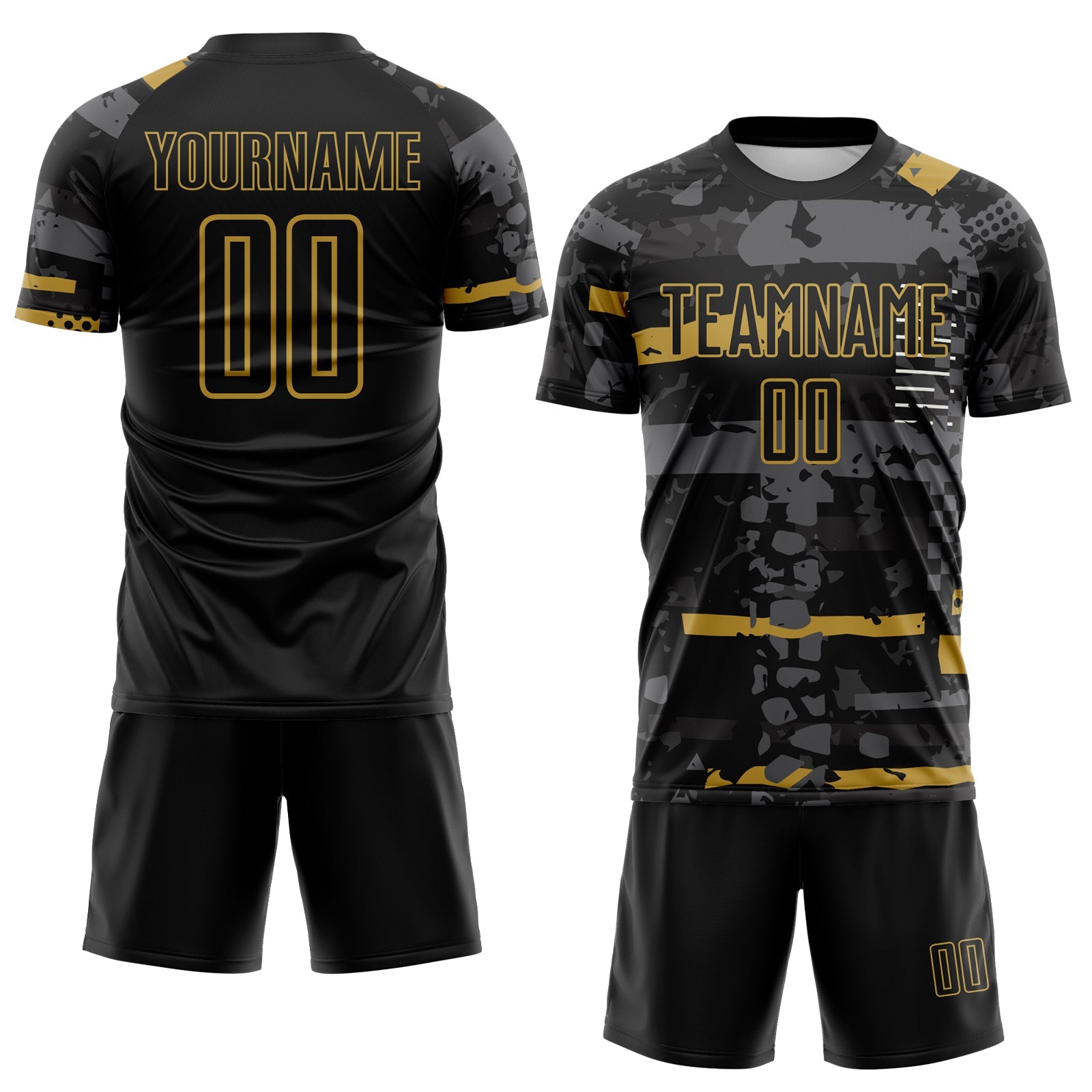 Custom Black Old Gold-Gray Abstract Geometric Stripe Fragment Sublimation Soccer Uniform Jersey view 2