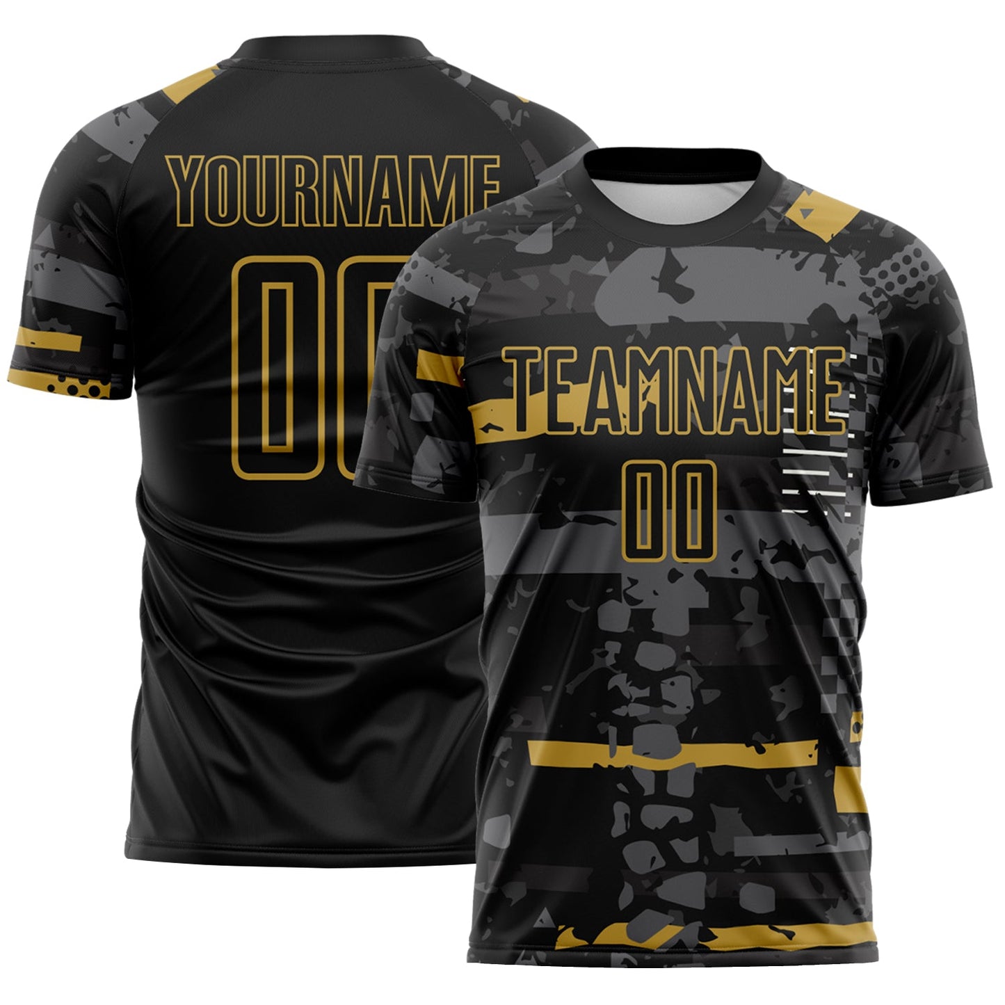 Custom Black Old Gold-Gray Abstract Geometric Stripe Fragment Sublimation Soccer Uniform Jersey - Main View