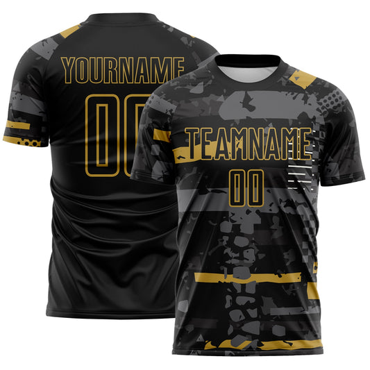 Custom Black Old Gold-Gray Abstract Geometric Stripe Fragment Sublimation Soccer Uniform Jersey - Main View