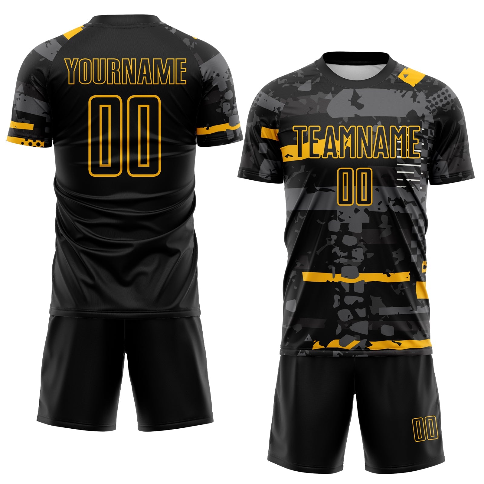 Custom Black Gold-Gray Abstract Geometric Stripe Fragment Sublimation Soccer Uniform Jersey view 2