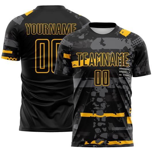 Custom Black Gold-Gray Abstract Geometric Stripe Fragment Sublimation Soccer Uniform Jersey - Main View