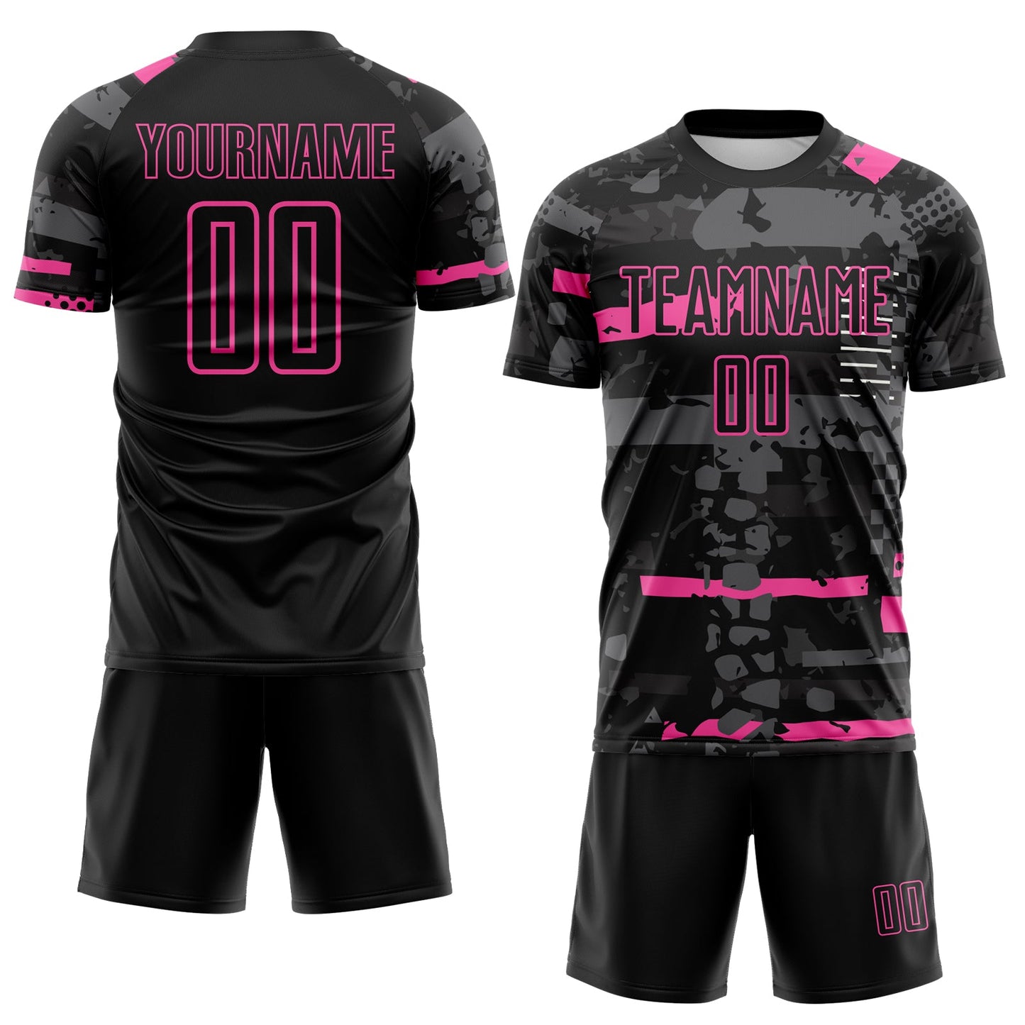 Custom Black Pink-Gray Abstract Geometric Stripe Fragment Sublimation Soccer Uniform Jersey view 2