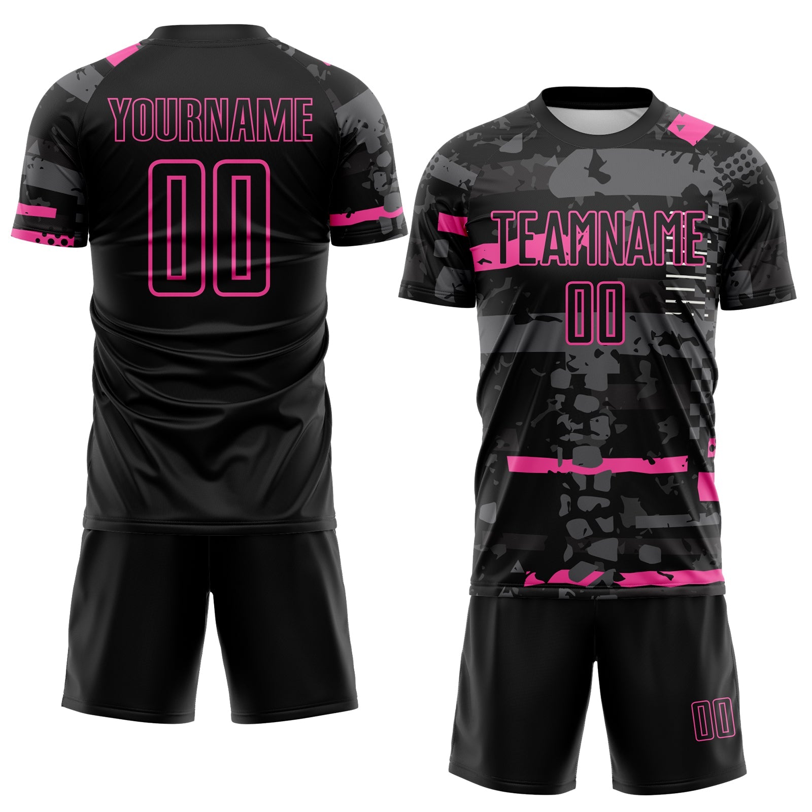 Custom Black Pink-Gray Abstract Geometric Stripe Fragment Sublimation Soccer Uniform Jersey view 2