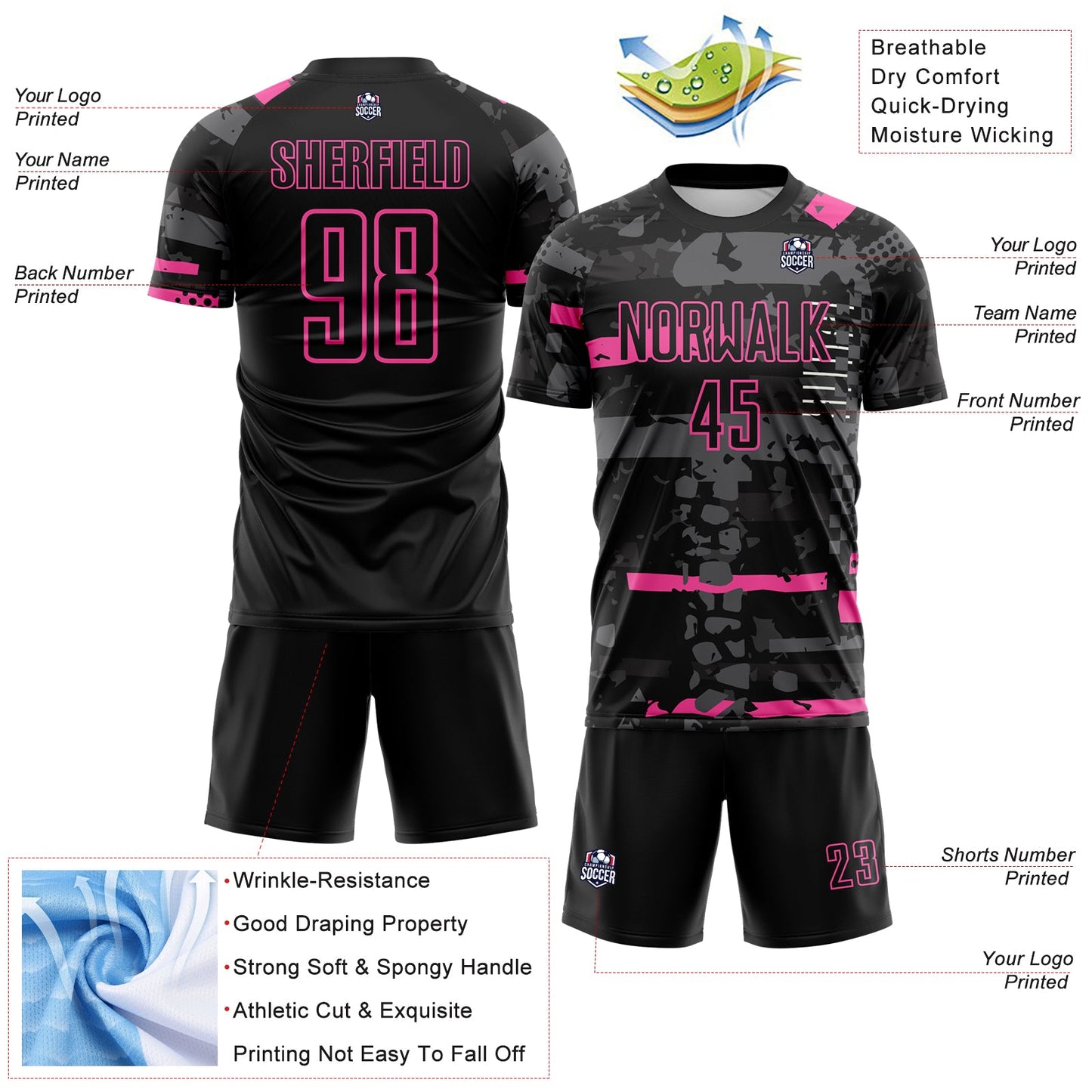 Custom Black Pink-Gray Abstract Geometric Stripe Fragment Sublimation Soccer Uniform Jersey view 4